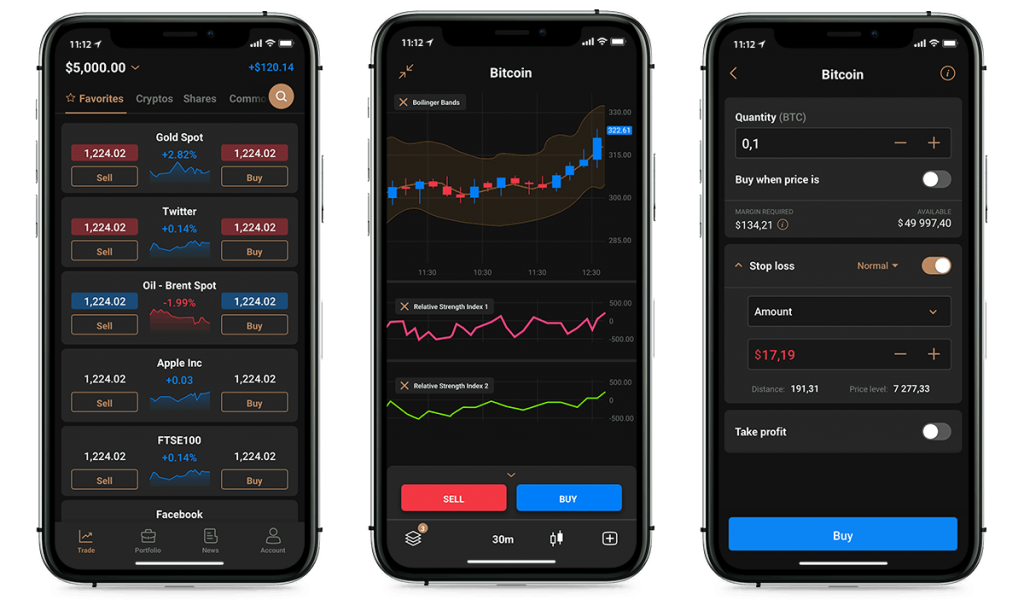 Capital.com : différents écrans de l'application mobile